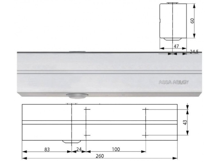 ASSA ABLOY Zavírač DC300DA, bez ramínka - STŘÍBRNÝ