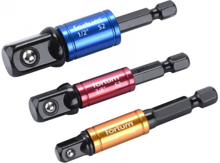 FORTUM Adaptéry do vrtačky 1/4"-3/8"-1/2" - 4742203, 3 kusy