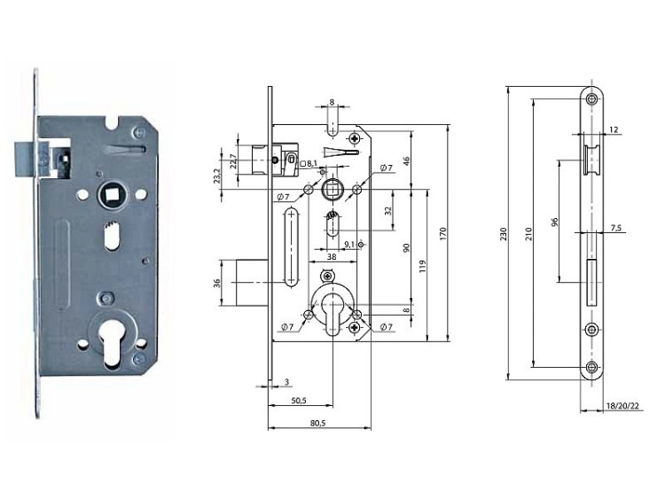 Zámek zadlabací YALE 5140/20N 1/2 vložka 90/80,5 50,5 mm čelo 20 mm P-L